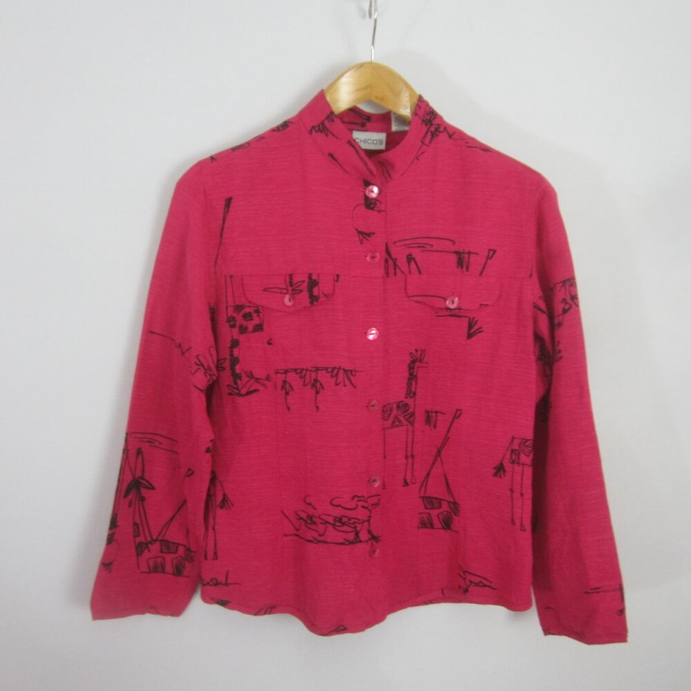Chicos 1 Womens Medium Pink Black Giraffe Print Silk LInen Long Sleeve Tunic To